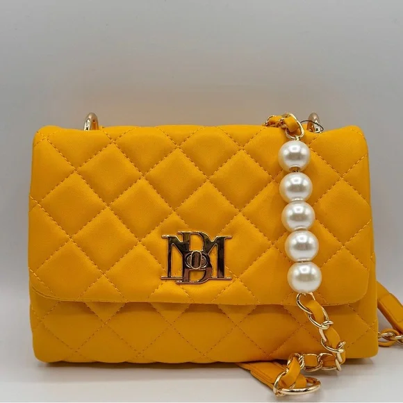 Badgley Mischka - Yellow Quilted Handbag with Pearl Accent - Picture 1 of 2